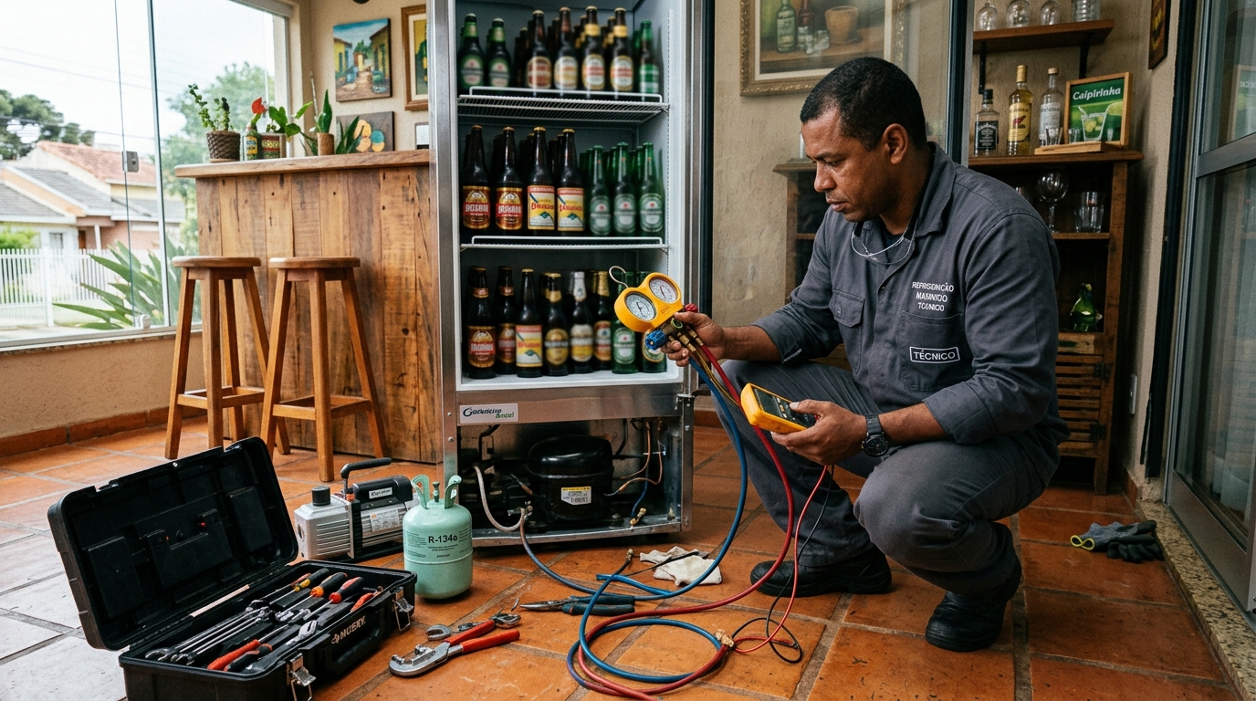 Técnico revisando o motor de uma cervejeira durante chamado em Indaiatuba‑SP
