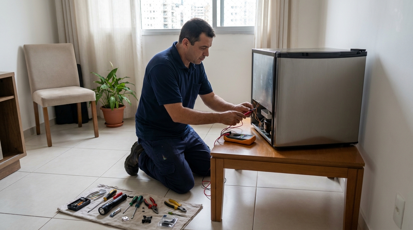 Técnico revisando o motor de um frigobar em Indaiatuba‑SP