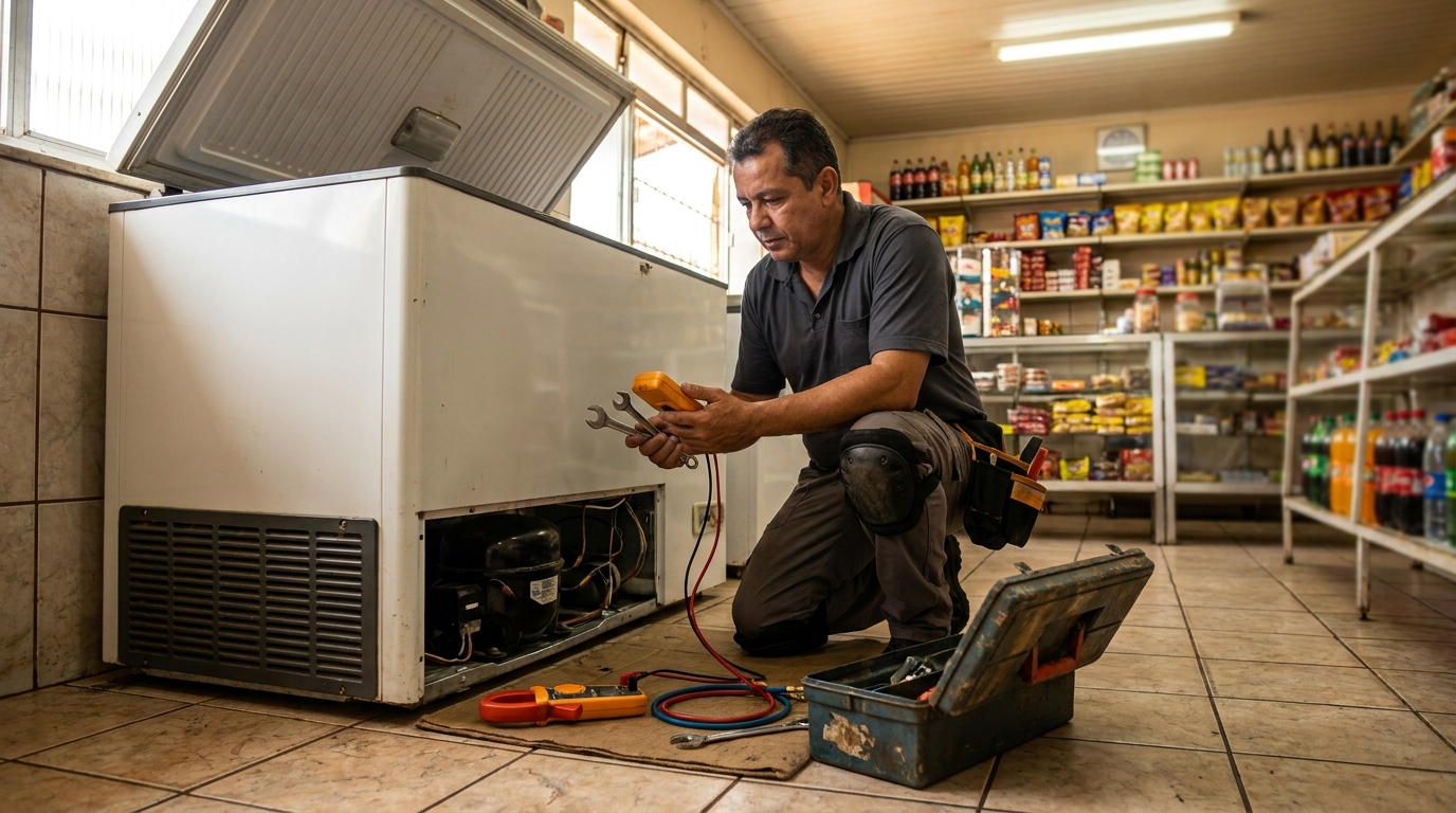 Técnico avaliando um freezer vertical durante atendimento em Indaiatuba‑SP